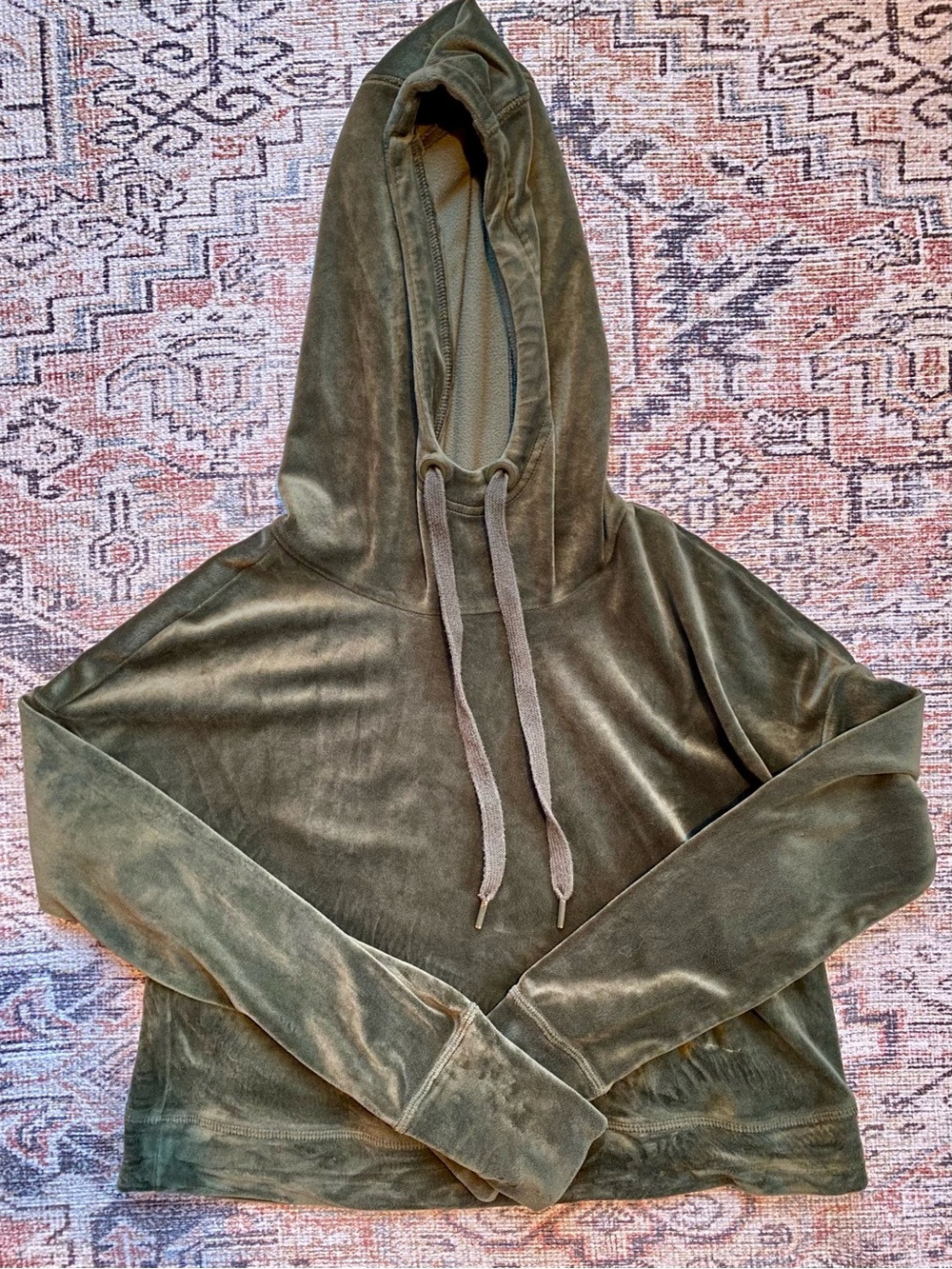 Offline by Arie Olive Green Hooded Velour Pullover Crop Hoodie XS